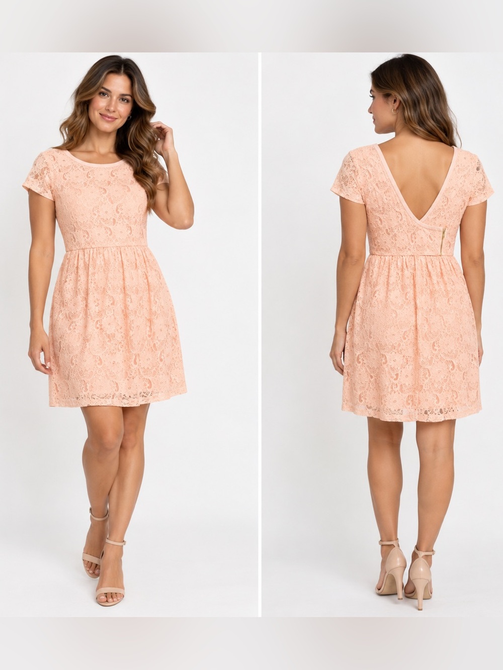 H&M Peach Lace Short-Sleeve Fit & Flare Mini Dress 10